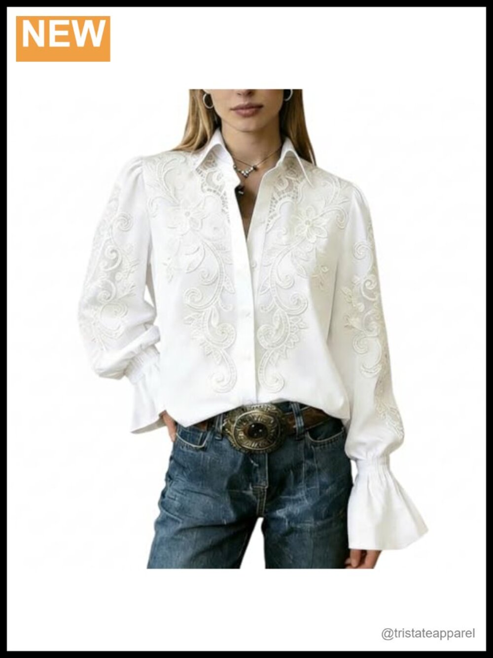 Vintage Boho Floral Embroidered Blouse Long Sleeve Ruffled Cuff 100% Cotton